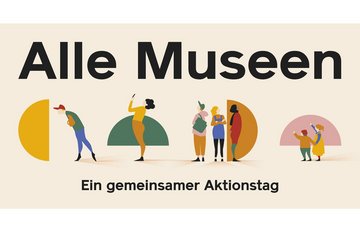 Die farbige Grafik zeigt fünf erwachsene Personen und zwei Kinder, die aufmerksam in unterschiedliche Richtungen schauen, als ob Sie Ausstellungsstücke betrachten. Eine der Erwachsenen fotografiert etwas. Die beiden Kinder zeigen jeweils mit einem ausgestreckten Finger auf ein nicht im Bild befindliches Objekt in der Ferne. Auf der Grafik steht in großen Buchstaben: &quot;Alle Museen – ein gemeinsamer Aktionstag&quot;.