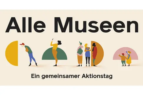 Die farbige Grafik zeigt fünf erwachsene Personen und zwei Kinder, die aufmerksam in unterschiedliche Richtungen schauen, als ob Sie Ausstellungsstücke betrachten. Eine der Erwachsenen fotografiert etwas. Die beiden Kinder zeigen jeweils mit einem ausgestreckten Finger auf ein nicht im Bild befindliches Objekt in der Ferne. Auf der Grafik steht in großen Buchstaben: "Alle Museen – ein gemeinsamer Aktionstag".