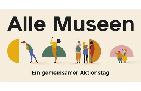 Die farbige Grafik zeigt fünf erwachsene Personen und zwei Kinder, die aufmerksam in unterschiedliche Richtungen schauen, als ob Sie Ausstellungsstücke betrachten. Eine der Erwachsenen fotografiert etwas. Die beiden Kinder zeigen jeweils mit einem ausgestreckten Finger auf ein nicht im Bild befindliches Objekt in der Ferne. Auf der Grafik steht in großen Buchstaben: "Alle Museen – ein gemeinsamer Aktionstag".