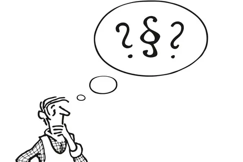 Handzeichnung eines Herren mit einer Denkblase (Comicstil) in der oberen rechten Ecke. In der Denkblase sind zwei Fragezeichen und ein Paragraph-Symbol.