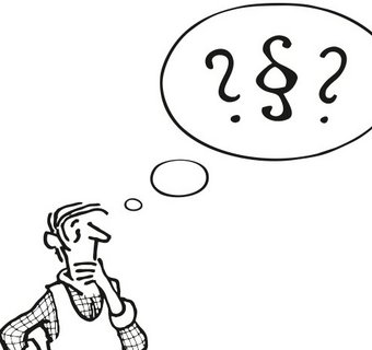 Eine Grafik eines ratlos aussehenden Mannes, über dessen Kopf eine Denkblase mit zwei Frage- und einem Paragrafenzeichen schwebt