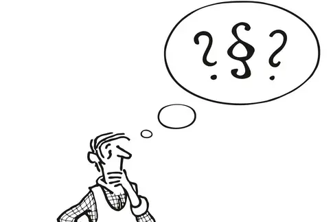 Handzeichnung eines Mannes mit einer Denkblase (Comicstil) in der oberen rechten Ecke. In der Denkblase sind zwei Fragezeichen und ein Paragraph-Symbol.