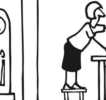 Grafische Darstellung einer Standuhr linkerhand, rechts daneben eine Frau, die, auf einem Hocker stehend, ein vasenförmiges Objekt vermisst