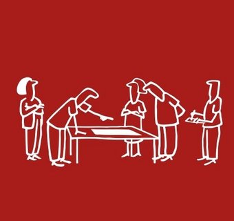 Grafik mit fünf Personen, die um einen Tisch stehen und sich gemeinsam einen Plan ansehen und beraten.