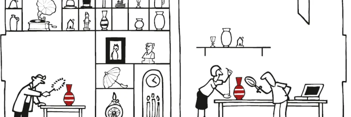 Grafik von Menschen, die in einem Museum arbeiten.