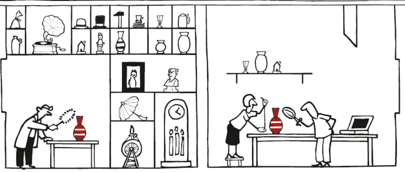 Grafik von Menschen, die in einem Museum arbeiten.