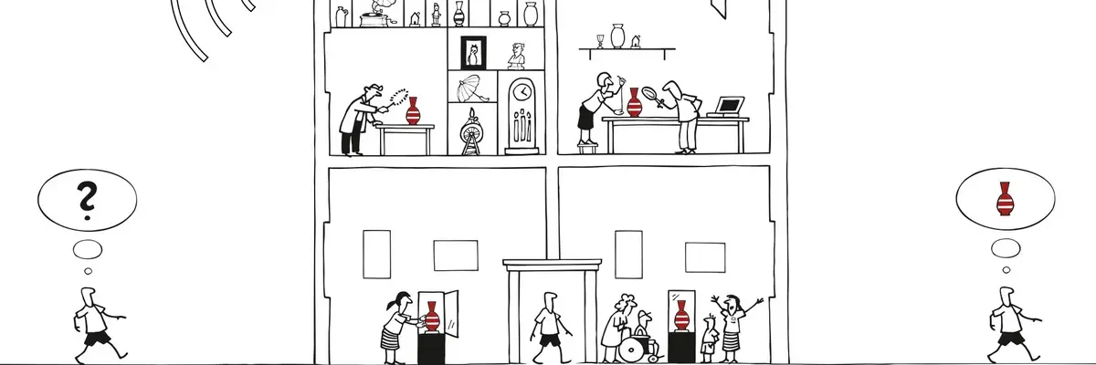 Handzeichnung eines Hauses. Wie bei einem Puppenhaus kann man in das Haus hineinschauen. Die Menschen darin gehen Tätigkeiten der Museumsarbeit nach.