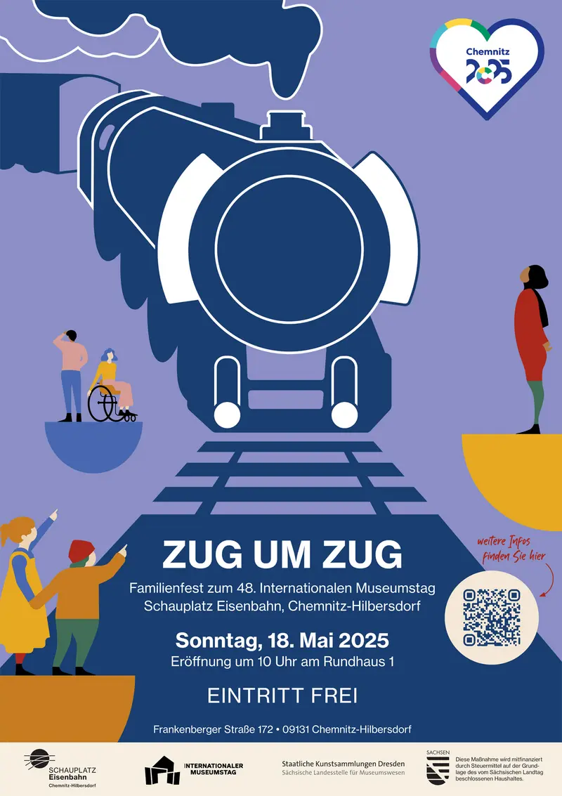 Plakat für Fest mit Titel "Zug um Zug"; Motiv ist die Grafik einer herannahenden Lokomotive.