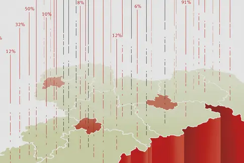 Sachsen-Landkarte mit Kennzeichnung von Dresden, Leipzig und Chemnitz. Aufsteigende Linien führen zu Prozentzahlen.