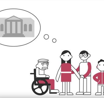 Screenshot eines Animationsfilms: Zu sehen ist eine vierköpfige Familie (Großvater im Rollstuhl, Mutter, Vater mit Brille sowie Sohn mit Hörgeräten im Ohr); über dem Kopf der Mutter schwebt eine Denkblase mit der Grafik eines Museumsgebäudes.