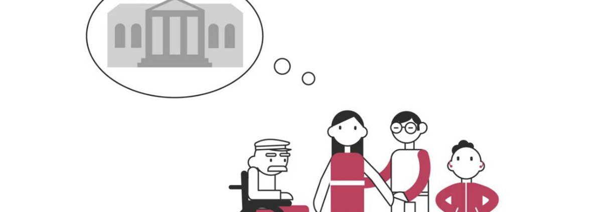 Screenshot eines Animationsfilms. Zu sehen ist eine vierköpfige Familie (Großvater im Rollstuhl, Mutter, Vater mit Brille sowie Sohn mit Hörgeräten im Ohr); über dem Kopf der Mutter schwebt eine Denkblase mit der Grafik eines Museumsgebäudes.