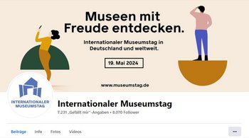 Kopfbild der Facebook-Seite: Zwischen zwei Grafiken, auf der zwei Figuren interessiert in unterschiedliche Richtungen schauen, stehen das Motto &quot;Museen mit Freude entdecken&quot; und das Datum des Internationalen Museumstages, 19. Mai 2024.