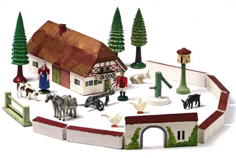Buch-Cover mit Inszenierung eines Spielzeug-Bauernhofs mit Holzfiguren, darüber Autor und Titel des Buches