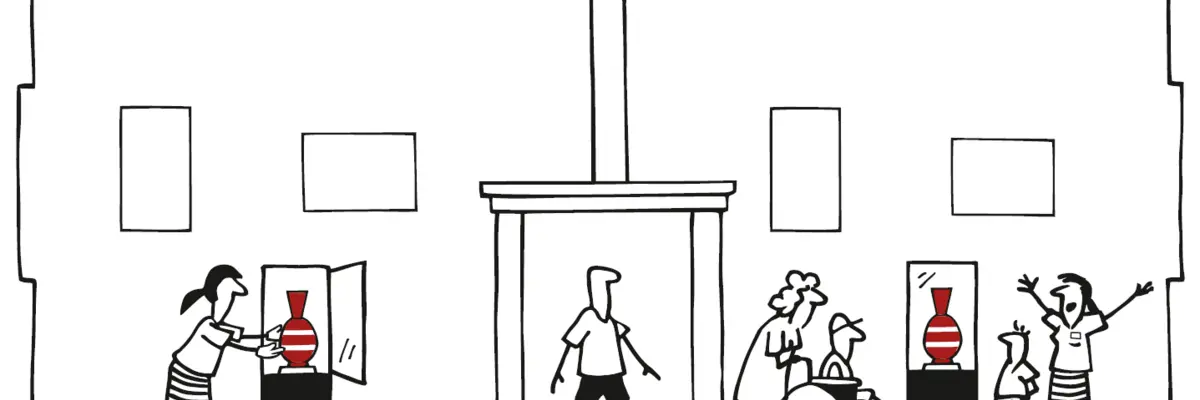 Grafik von Menschen, die ein Museum besuchen.