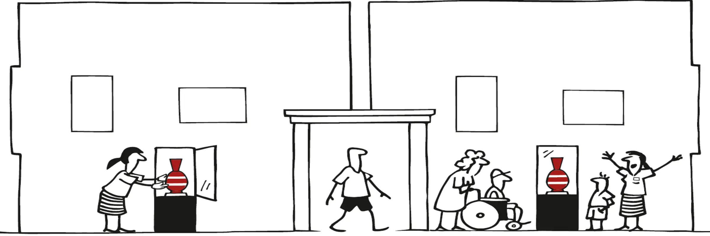 Grafik von Menschen, die ein Museum besuchen.