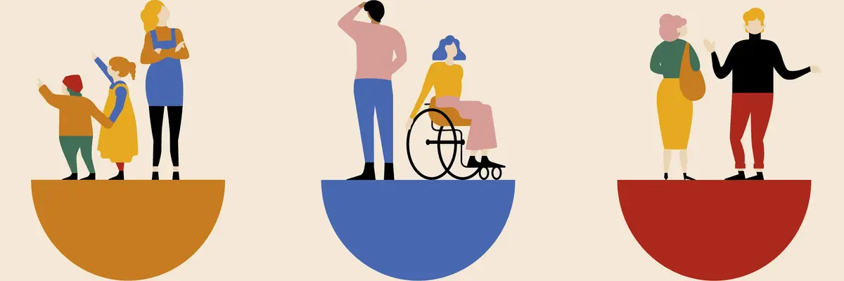 Grafik zum Internationalen Museumstag 2023, welche drei Personengruppen zeigt: links eine Frau mit zwei Kindern, in der Mitte einen stehenden Mann neben einer Rollstuhlfahrerin und rechts zwei stehende, in ein Gespräch vertiefte Personen.