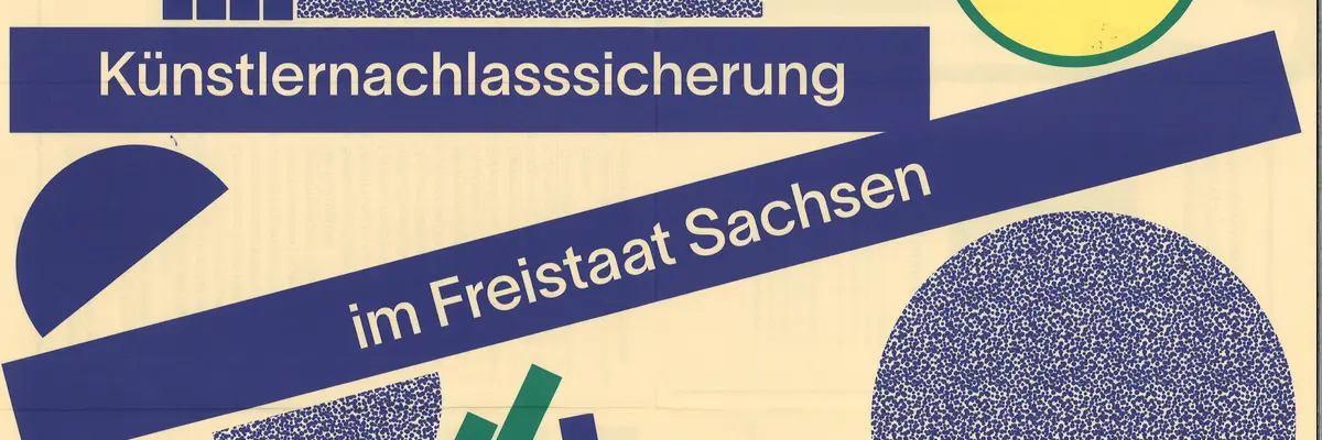 Grafisches Bild mit Kreisen und Balken, die Text enthalten und auf das Projekt der Künstlernachlasssicherung verweisen 