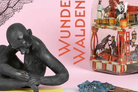 Fotos von vier Sammlungsobjekten aus dem Museum Naturalienkabinett Waldenburg sind vor rosa-farbenem Hintergrund angeordnet, mittig steht in senkrecht angeordneten roten Versalien der Titel "Wunderkammer Waldenburg".