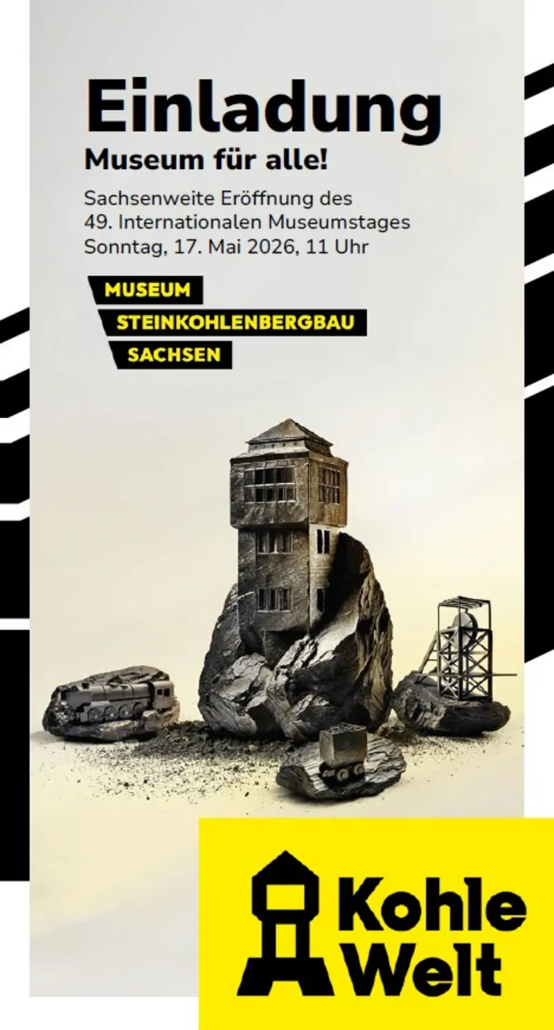 Einladung für den 17. Mai 2026 in die KohleWelt: Motiv ist eine Collage eines auf Steinkohle stehenden Förderturms