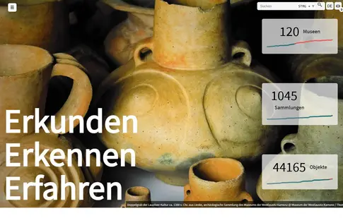 Ein Screenshot der Website Sachsen.museum-digital.de zeigt ein großflächiges Farbfoto mit einigen Tongefäßen aus einer archäologische Fundstätte. Darüber stehen groß die Worte "Erkunden, Erkennen, Erfahren". Auf der rechten Seite befinden sich drei Statistikzähler mit der Information "120 Museen, 1045 Sammlungen, 44165 Objekte."