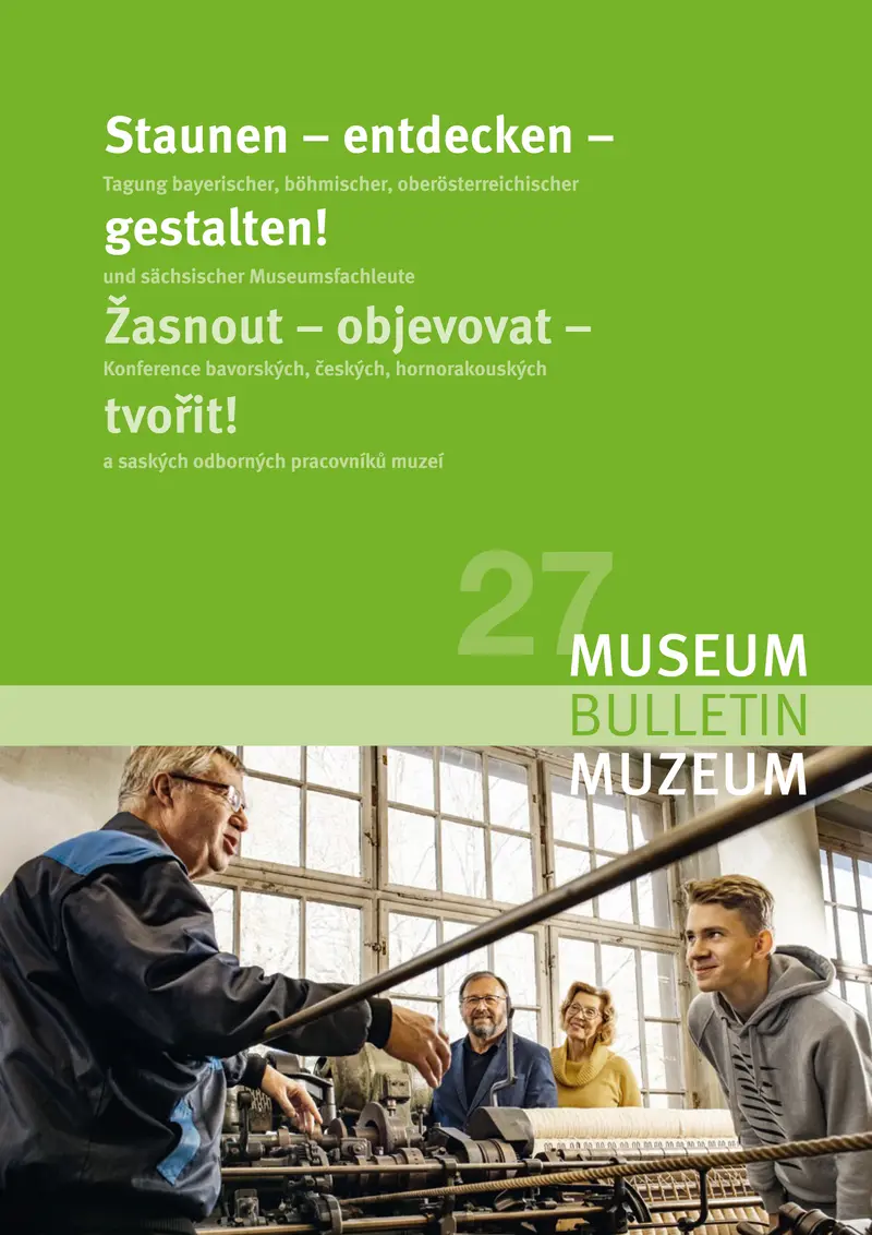 Covermotiv ist das Foto eines Mannes, der einer Familie eine historische Maschine erklärt, darüber Angaben zum Tagungstitel.