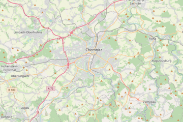 Ausschnitt einer Landkarte der Region um Chemnitz. Chemnitz liegt mittig im Bild.