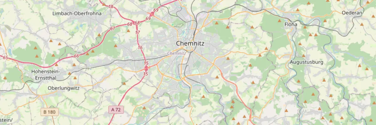Ausschnitt einer Landkarte der Region um Chemnitz. Chemnitz liegt mittig im Bild.