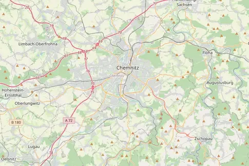 Ausschnitt einer Landkarte der Region um Chemnitz. Chemnitz liegt mittig im Bild.