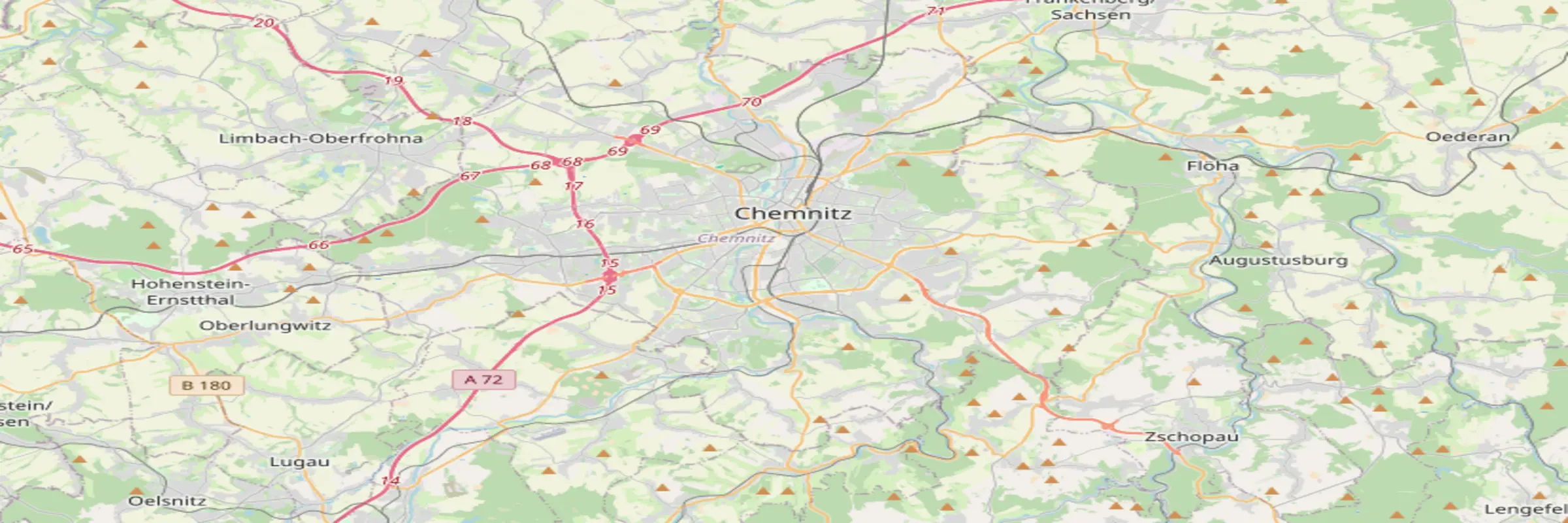 Ausschnitt einer Landkarte der Region um Chemnitz. Chemnitz liegt mittig im Bild.