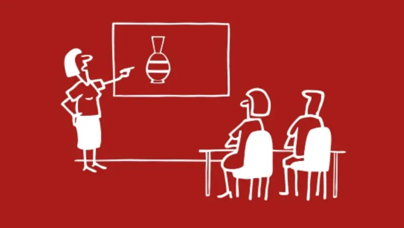 Grafik einer Lehrperson an der Tafel und zwei zuhörenden Personen auf Stühlen.